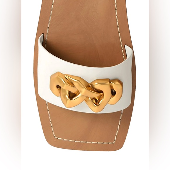 Charles & Keith Chain Accent Leather Slide Sandals in Cream and Gold - Picture 2 of 10